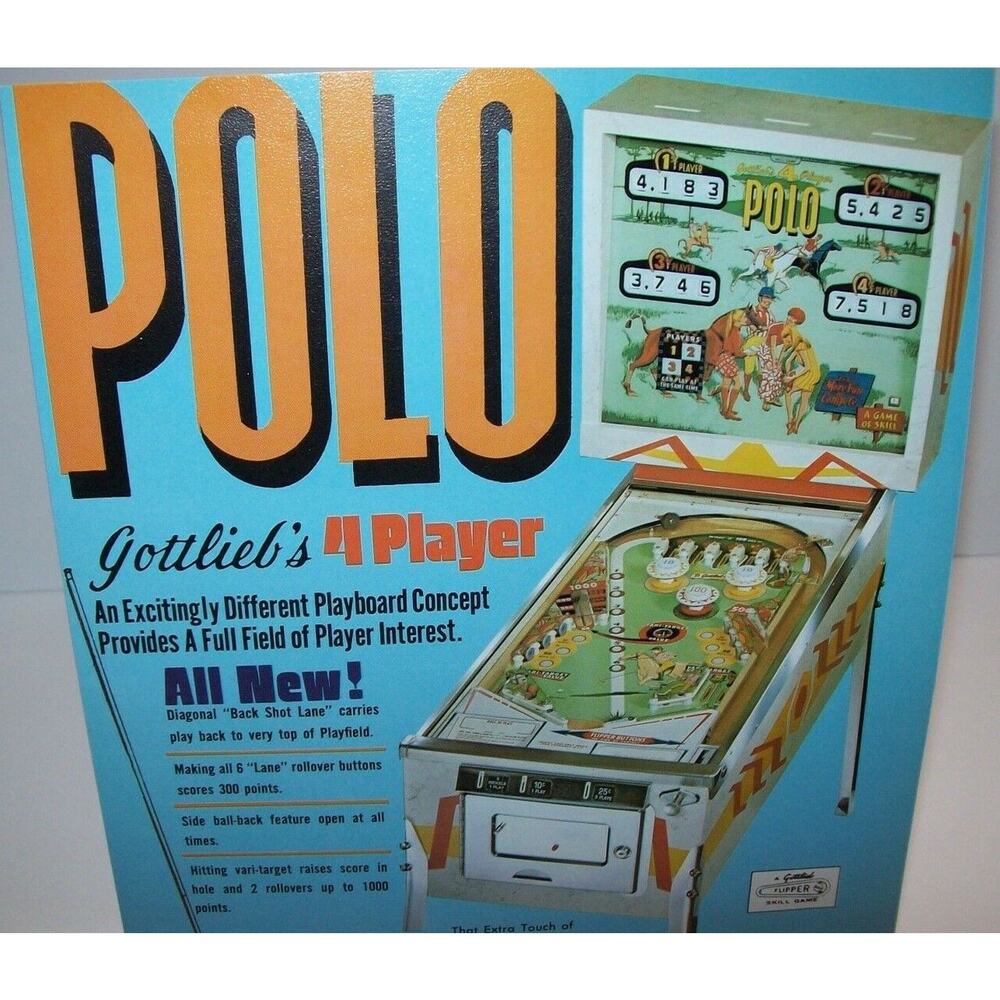 Polo Pinball FLYER Original 1970 Vintage Game Retro Sports Pony Horses Mod